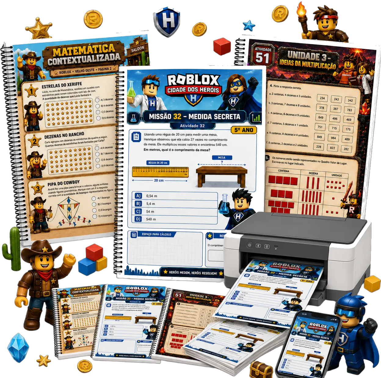 Mockup do material Roblox Pedagógico com +300 atividades de matemática imprimíveis