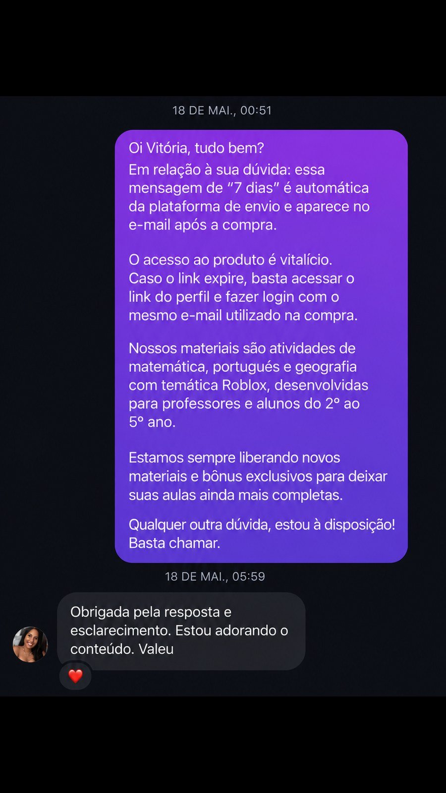 Depoimento de Professora elogiando o material no direct
